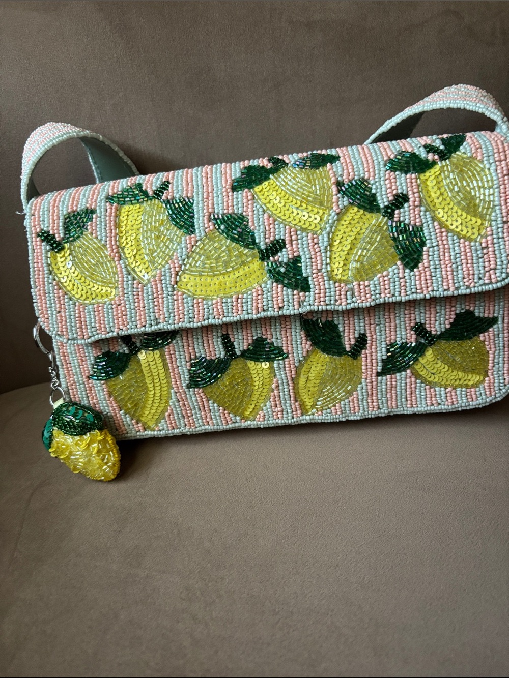Vidal Beaded Lemon Pattern Shoulder Bag - Pink & Yellow - Picture 1 of 4